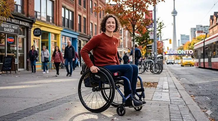 Person navigating a Canadian city street in the best manual wheelchair for comfort.