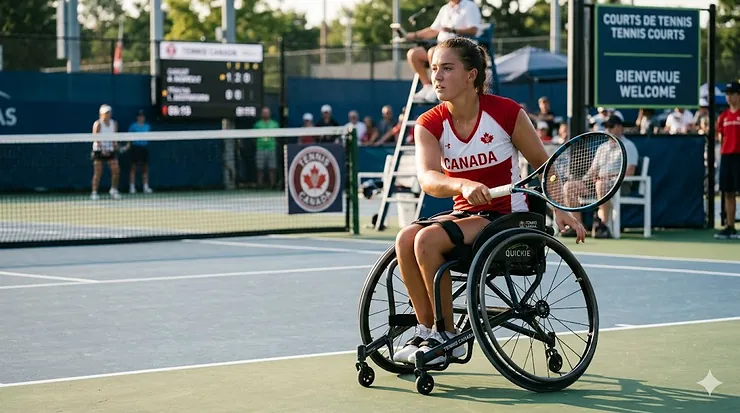 Professional athlete using the best tennis wheelchair on a Canadian court.