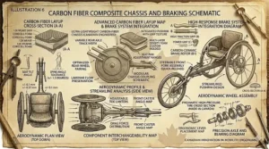 Carbon fiber components of a racing wheelchair.