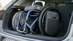 A compact, foldable frame of the best manual wheelchair for easy car storage.