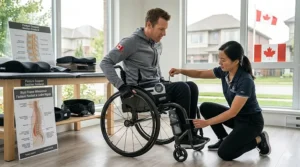 Profile view of a custom-fit rigid wheelchair providing postural support.