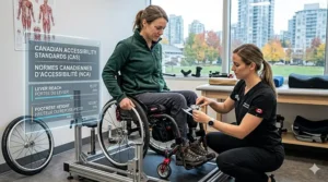 A technical schematic illustration in a professional clinic showing a specialist adjusting a black carbon-fiber wheelchair frame with red accents. An interactive transparent display shows bilingual (EN/FR) fitting data and pressure mapping.