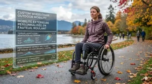 A dynamic outdoor action shot of the user navigating a rugged Rocky Mountain trail in the custom wheelchair outfitted with rugged snow tires. Transparent diagrams track EN/FR performance metrics like 'Hill Climb' and 'Terrain Agility'.