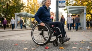 A durable wheelchair for active seniors navigating an outdoor sidewalk.