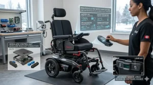 A photorealistic technical illustration of a custom power wheelchair with a black frame and red accents, emphasizing Canadian compliance (CSA standards) with bilingual (EN/FR) call-outs on battery safety and motor specifications.