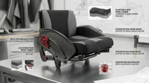 Ergonomic seating cushion designed for customized comfort and posture in a high-performance wheelchair.