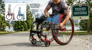 Close-up of a lightweight carbon fiber frame on a high-performance sports wheelchair.