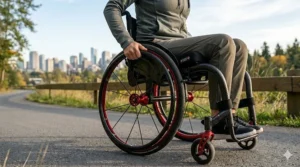 A close-up schematic illustrating the lightweight carbon fiber frame construction of a high-performance wheelchair.