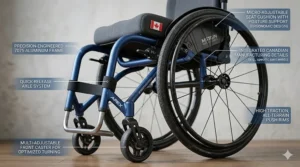 Lightweight carbon fiber frame design of the best manual wheelchair for travel.