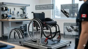 A detailed engineering diagram highlighting the lightweight design of the custom carbon-fiber wheelchair for Canadian winter performance. It features deep-tread snow tires and thermally insulated handrims, with all labels in English and French.
