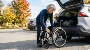 Person folding a compact wheelchair for active seniors for easy travel.