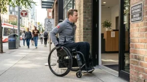 Close-up of a fixed frame wheelchair navigating a narrow urban doorway.