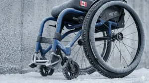 High-traction wheels on the best manual wheelchair for Canadian winter mobility.