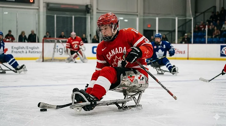 Athlete using a professional para ice hockey chair on a Canadian rink. wheelchair hockey chair