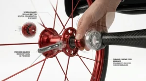 Detailed diagram of the quick-release mechanism for the rear wheels of a high-performance wheelchair.