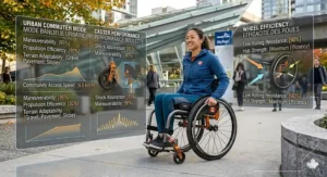 A person navigating an urban setting with a rigid frame chair.
