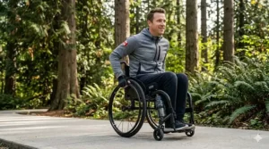 Active user in a lightweight, efficient fixed frame wheelchair outdoors.
