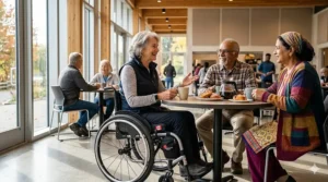 Active senior in a modern wheelchair socializing at a community center.