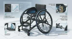 Ergonomic frame details of a high-performance sports wheelchair.