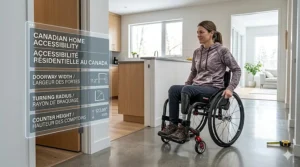 A candid photo-illustration in a modern Vancouver home, showing the user maneuvering the specific black and red custom wheelchair. Transparent overlay diagrams with EN/FR labels highlight universal design dimensions like turning radius and wide access.