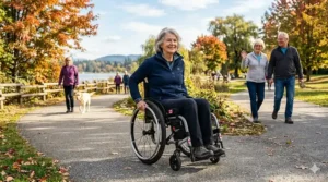Senior enjoying a morning stroll in a wheelchair along a paved trail.
