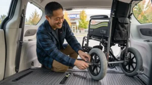 Alt text: Caregiver pushing a passenger in a blue lightweight transit wheelchair up an accessibility ramp onto a Canadian low-floor city transit bus.