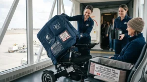 Traveler receiving their airline approved wheelchair and detached battery packs immediately upon arrival at a Canadian terminal jet bridge.