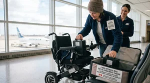 Visual guide showing the correct procedure for detaching a wheelchair battery for carry-on stowage.