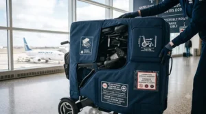 Detailed illustration showing the specific 288Wh Lithium-Ion battery module and technical compliance label on an airline approved wheelchair for Transport Canada.