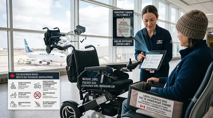 Traveler using an airline approved wheelchair inside a Canadian airport terminal near a boarding gate.