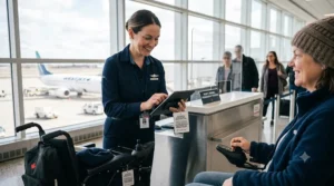 A Canadian airline agent scans the required IATA mobility tag on an airline approved wheelchair at a gate check-in desk.