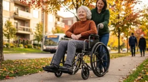An elderly patient seated in a standard transit wheelchair in the reception area of a Canadian medical clinic, with a bilingual sign reading Bienvenue / Welcome visible in the background.