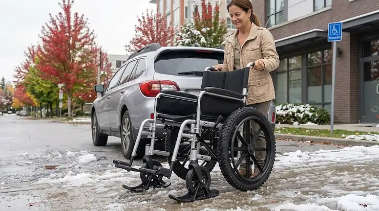 Caregiver assisting a senior into a car transport wheelchair next to an accessible vehicle in Canada