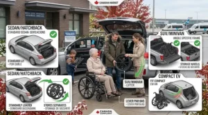 Ergonomic guide illustrating proper posture for lifting a car transport wheelchair into a car