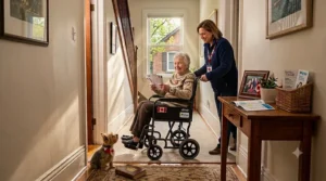 An illustration of a passenger using a narrow transit wheelchair to board an accessible public transit bus in Canada.