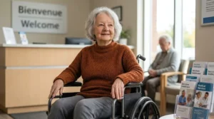 An ergonomic product callout illustration pointing to the padded armrests, breathable upholstery, and swing-away footrests of a standard transit wheelchair.