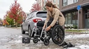 Diagram showing how a lightweight car transport wheelchair folds compact for trunk storage in Canada