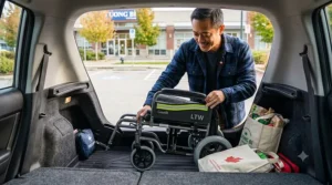 Alt text: Step-by-step illustration of a compact lightweight transit wheelchair folding down flat to fit easily into the trunk of a Canadian compact SUV.