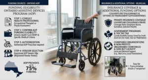 Technical specification illustration showing the seat width, weight limits, and folded dimensions of a transit wheelchair designed for elderly passengers.