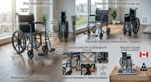 A clean graphic layout detailing the width, seat depth, and weight in kilograms of a heavy-duty folding transit wheelchair.