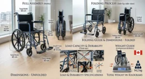 An illustration of a passenger boarding an accessible Canadian public transit bus or VIA Rail train with a compact folding transit wheelchair (fauteuil roulant de transfert pliable).