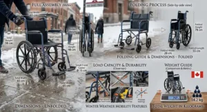 An illustration highlighting the durable tires and locking handbrakes of a folding transit wheelchair navigating a cleared Canadian sidewalk with light snow.