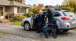 Lightweight folding transport wheelchair compact enough to store in a standard vehicle trunk in Canada.