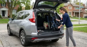 A step-by-step diagram showing how to collapse a lightweight folding transit wheelchair for easy storage and travel.
