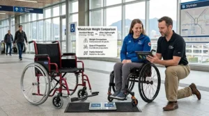 A complex photorealistic illustration of a modular manual wheelchair weight comparison display at a sunlit Canadian transit hub, featuring interacting components and clear digital data readouts.