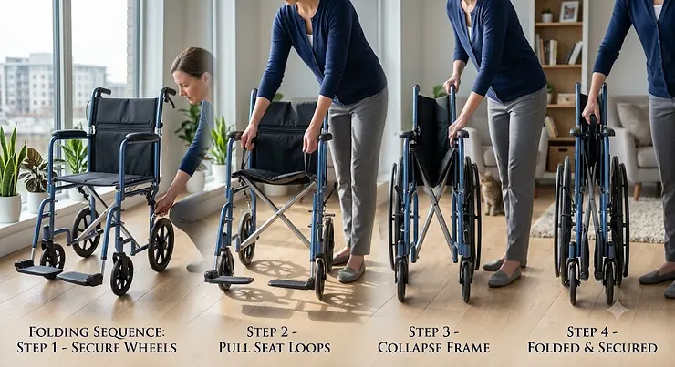 Here are the SEO-optimized alt texts for the featured image and the 8 illustrations, ready for you to copy and pasten elderly person using a lightweight folding transit wheelchair assisted by a caregiver on a paved park path in Vancouver, Canada.