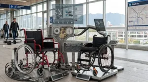 A high-resolution, photorealistic photograph of a complex exhibit illustrating human propulsion efficiency at a Vancouver SkyTrain station, featuring a life-size anatomical model and detailed bilingual graphs on joint strain.