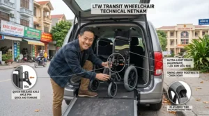 Alt text: Diagram showing a lightweight transit wheelchair with swing-away footrests removed, accessorized with a warm fleece lap blanket for Canadian winter outdoor use.