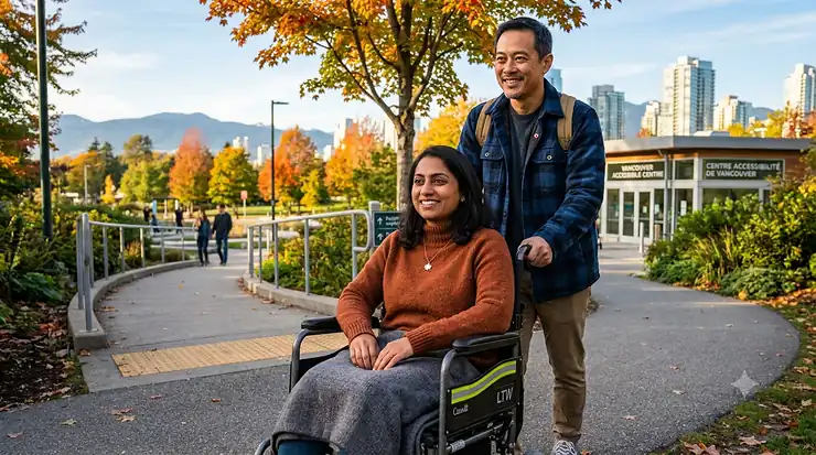 Alt text: Senior couple smiling while using a folding lightweight transit wheelchair on a clean, paved trail in a Canadian municipal park during autumn.