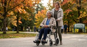 An illustration of a caregiver lifting a lightweight transit wheelchair into the trunk of a compact SUV in a Canadian residential driveway.
